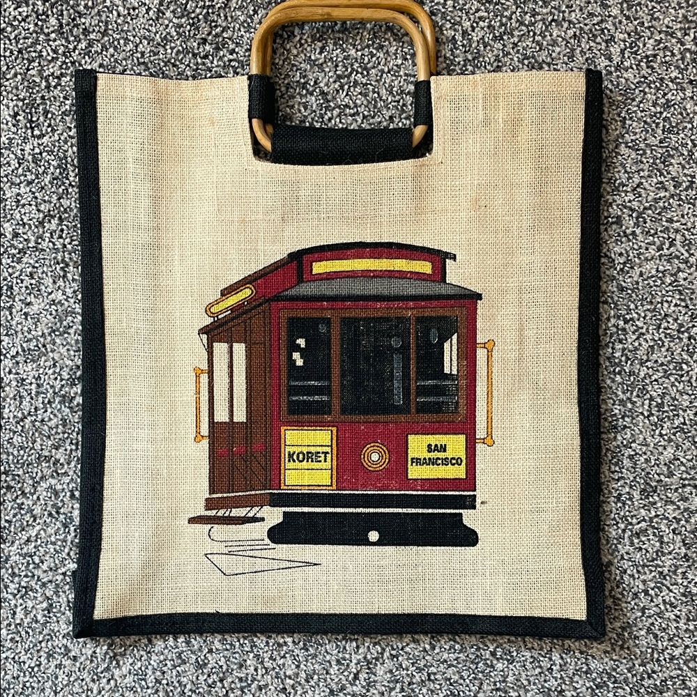 Koret Beige Burlap Tote Bag with Red and Yellow Cable Car Graphic Vintage